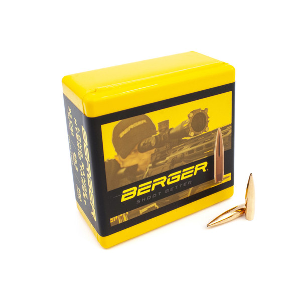 Image presenting a bold yellow and black box of Berger Bullets, designed for long-range precision. These are .22 caliber bullets, each weighing 85.5 grains, with a Long Range Hybrid Target design, part of the product line 22485. Two bullets are placed in front of the box, showcasing their pointed tips and boat tail design, which are key for stability and accuracy over long distances. The packaging is adorned with a graphic that emphasizes the bullets' long-range capabilities.
