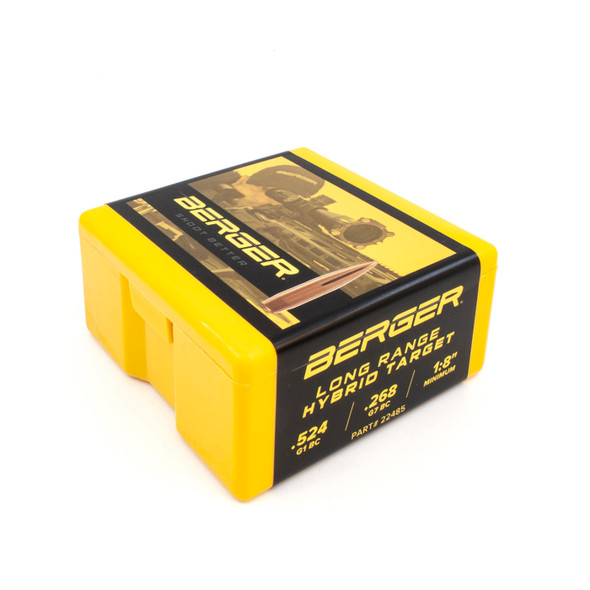 The photograph features a yellow box of Berger Bullets specifically designed for long-range shooting. These bullets are .22 caliber and weigh 85.5 grains, embodying the Long Range Hybrid Target design. The product number 22485 is displayed prominently on the box, which is ideal for precision shooters and long-range competitors seeking superior performance and consistency.