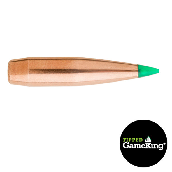 Sierra Bullets 6.5mm 130 grain TGK, model 4330T, 50 count. Image shows a single copper bullet with a green polymer tip, isolated on a white background, clearly displaying the product branding 'Tipped Gameking' on the logo in the corner.