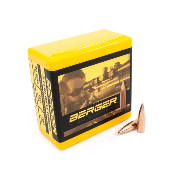The image features a vibrant yellow and black box of Berger Bullets for .30 Caliber firearms, each bullet weighing 150 grains with a Flat Base Target design, indicated by the product number 30407. In front of the box, two gleaming bullets are showcased, highlighting the craftsmanship and precision design that Berger is known for, suitable for competitive shooting and target practice.