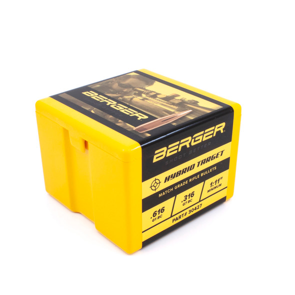 This image depicts a yellow box labeled with Berger Bullets, specifically the .30 Caliber, 200 grain, Hybrid Target model, under the product number 30427. The box contains a quantity of 100 bullets, intended for shooters who prioritize precision and versatility in their long-range target engagements.