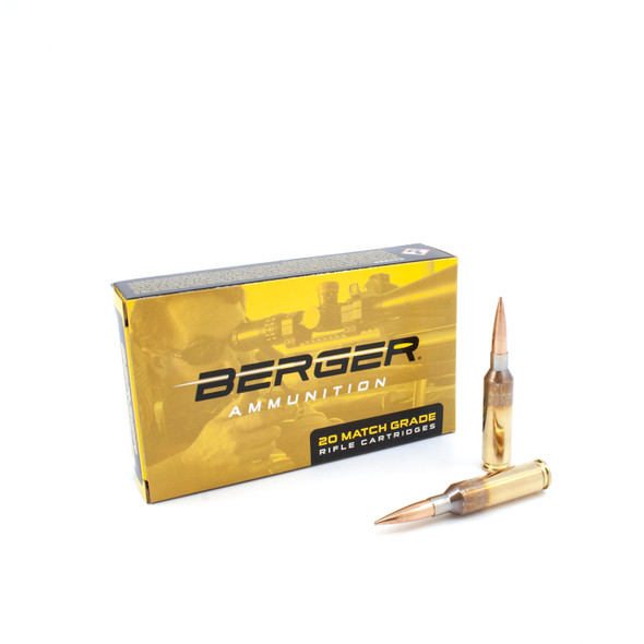 The image shows a box of Berger Ammunition designed for precision shooting, marked as 6mm Creedmoor cartridges, each with a 105 grain Hybrid Target bullet, product number 20020. Alongside the box, two rounds are prominently displayed, emphasizing the bullet's advanced design for competitive shooting. The box signifies a quantity of 20 rounds, tailored for shooters seeking unmatched performance and accuracy.