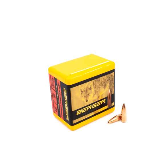 The photograph captures a yellow box of Berger Bullets, labeled as .22 Caliber, 60 grain, Flat Base Varmint, with the product number 22312. Next to the box are two representative bullets, highlighting the product's quality designed for precise varmint shooting. The package contains 100 bullets, meeting the needs of sportsmen and varmint control experts.