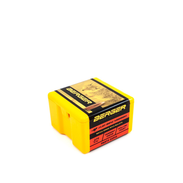 Image of a yellow and black box from Berger Bullets, marked as .22 Caliber, 60 grain, Flat Base Varmint, with the product number 22312. The box, which is designed to hold 100 bullets, conveys the purpose of the product for varmint hunting with an emphasis on precision and effectiveness.