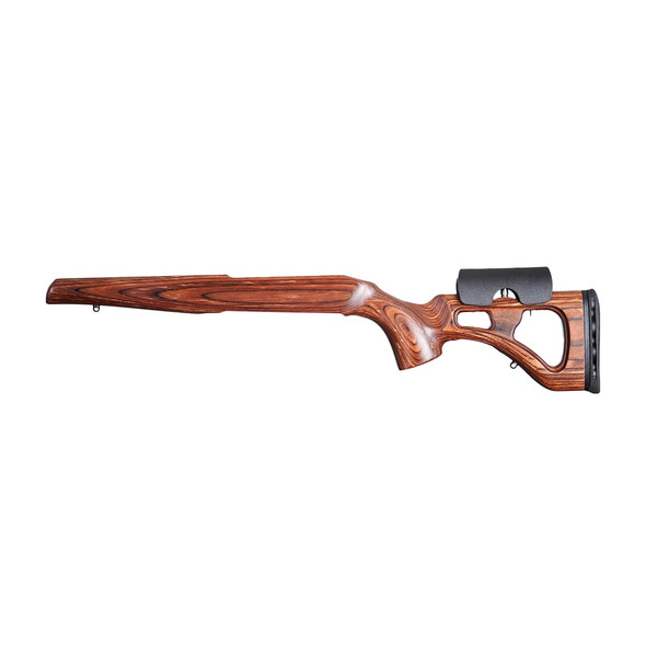 GRS Lightweight Classic stock for Tikka T3 / T3X in Brown, left side view showing the oiled birch laminate finish and adjustable recoil pad, isolated on a white background.