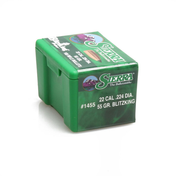 Sierra Bullets .22 Caliber 55 grain BlitzKing, model 1455, 100 count packaging. The image shows a green ammunition box with detailed graphics of a bullet and a ram on the lid, along with the Sierra logo and bullet specifications clearly visible on the side.