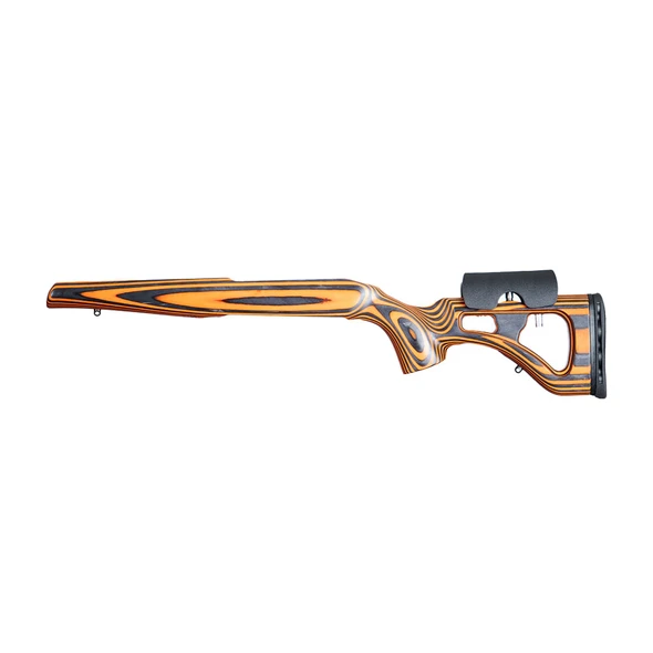 GRS Lightweight Classic stock for Tikka T3 / T3X in Orange Black, left side view showing the oiled birch laminate finish and adjustable recoil pad, isolated on a white background.