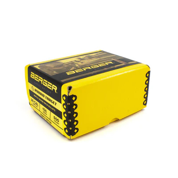 Photograph displaying a prominent yellow box of Berger Bullets, marked as .30 Caliber, 155 grain, with a Hybrid Target design, identified by product number 30726. The sizable box indicates a quantity of 500 bullets, catering to long-range shooters and precision competitors seeking reliable performance and superior accuracy.