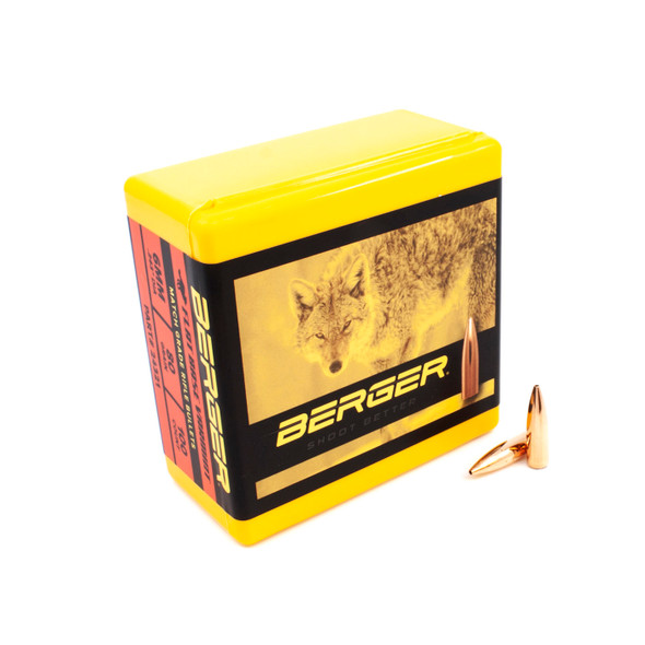 Image showcasing a vibrant yellow and black box of Berger Bullets, designated as 6mm in diameter, 80 grain weight, Flat Base Varmint type, with the product number 24321. Accompanying the box, two copper bullets are visible, underscoring the ammunition's design for varmint hunting accuracy and effectiveness. The box contains 100 bullets, catering to the needs of precision shooters.
