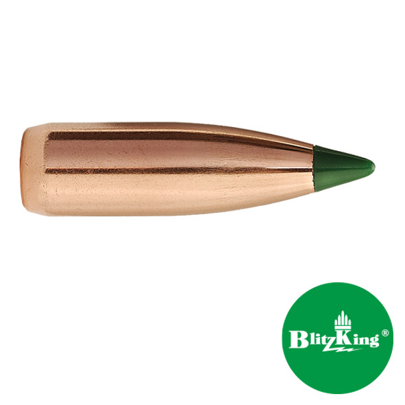 Sierra Bullets .22 Caliber 55 grain BlitzKing, model 1455C, 500 count. Image shows a single copper bullet with a green polymer tip, isolated on a white background. The 'BlitzKing' logo is displayed in a green circle in the corner, emphasizing its high performance and precision for hunting and target shooting.