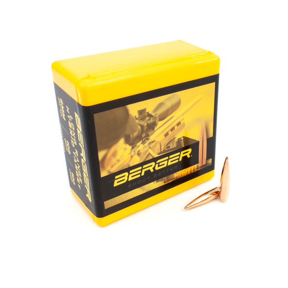 The image showcases a bright yellow and black box of Berger Bullets, designated as 6mm in diameter, 80 grain weight, Flat Base Varmint type, labeled with the product number 24321. In the foreground, two precision-manufactured bullets are visible, emphasizing the product's design for accuracy in varmint control. The box indicates it contains 100 bullets, meeting the high standards of precision shooters.