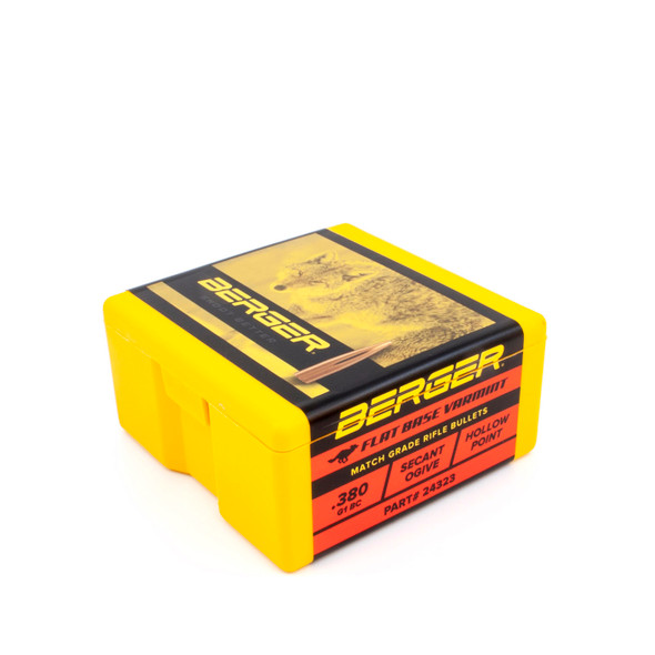 Image displays a yellow and black box of Berger Bullets, marked as 6mm caliber, 88 grain, High Ballistic Coefficient (BC) Flat Base Varmint, with the product number 24323. The packaging indicates it holds 100 bullets, designed for shooters seeking precision and extended range performance in varmint hunting.