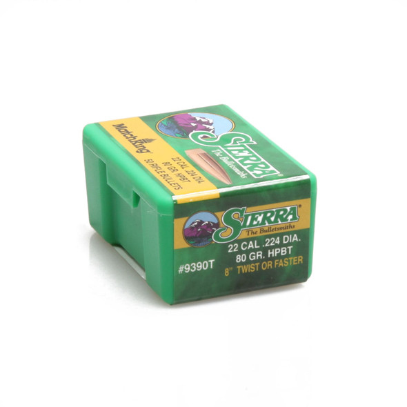 Sierra Bullets .22 Caliber 80 grain HPBT Match, model 9390T, 50 count packaging. The image shows a green ammunition box with detailed graphics of a bullet and a ram on the lid, along with the Sierra logo and bullet specifications clearly visible on the side.