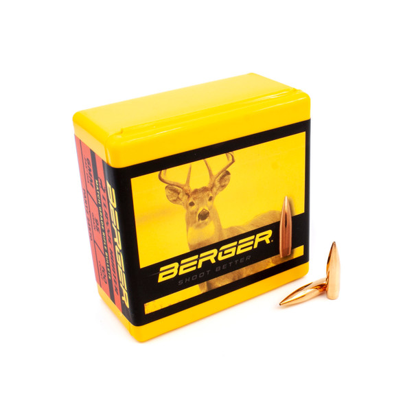 Box of Berger 6mm, 95gr Classic Hunter bullets, product number 24570, quantity 100, next to two projectiles, on a white background.