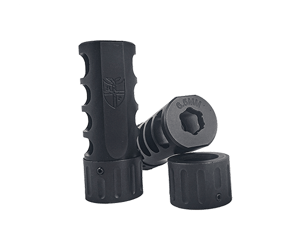 Hawkins Precision 1-inch 4 Port Self Timing Muzzle Brake for 6mm caliber, featuring a 5/8-24 thread size, displayed in a matte black finish. The muzzle brake is shown from various angles, highlighting its advanced ported design which effectively reduces recoil and muzzle rise, enhancing shooting accuracy.
