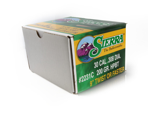 Sierra Bullets .30 Caliber 200 grain HPBT Match, model 2231C, 500 count packaging. The image shows a green and yellow cardboard ammunition box with detailed graphics of a bullet and a ram on the lid, along with the Sierra logo and bullet specifications clearly visible on the side.