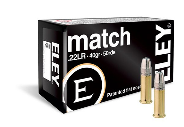 Box of Eley Match .22LR 40 grain EPS ammunition, quantity 50 rounds, displayed alongside two individual cartridges. The box is stylish with a black and grey color scheme, accented by the orange and white Eley logo. Known for its precision and consistency, this ammunition features a patented flat nose design, ideal for competitive shooters focusing on accuracy and performance in target shooting events.