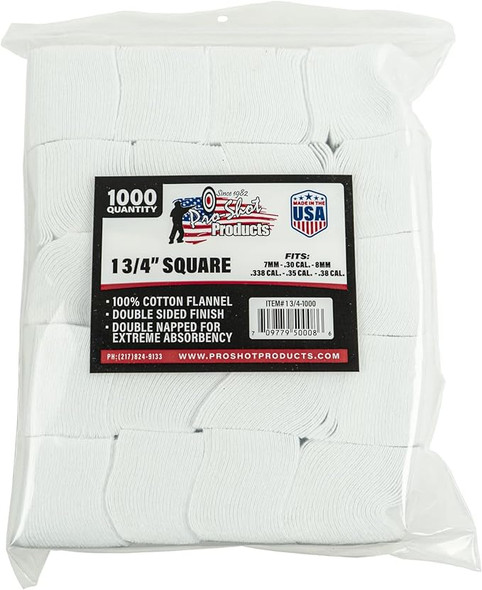 Pack of Pro-Shot 1-3/4 inch square gun cleaning patches, containing 1000 pieces, specifically designed for 7mm to .38 caliber and 6mm benchrest firearms. The transparent plastic packaging displays the white cotton flannel patches and features a label with patriotic red, white, and blue themes including the American flag, product details, and a barcode, emphasizing the product's American manufacturing and quality.