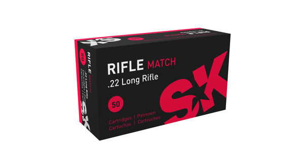 The image you've uploaded shows a box of SK Rifle Match .22 Long Rifle ammunition. This type of ammo is typically favored for its precision and consistency, making it a popular choice among competitive shooters and serious target practice enthusiasts. The box prominently features the SK brand and indicates that it contains 50 rounds of .22 LR cartridges, specifically designed for rifle shooting competitions. The packaging design emphasizes the performance and quality expected from match-grade ammunition.