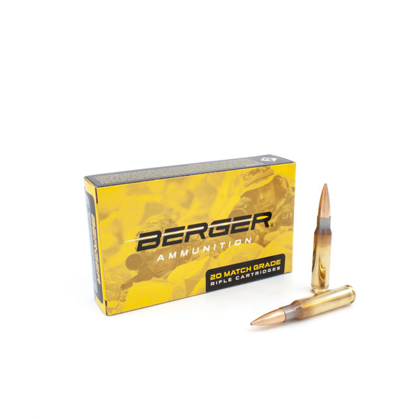Berger Ammunition box for 308 Winchester, 168gr Classic Hunter, model 60040, with a 20-round count, and two bullets in front on a white background.