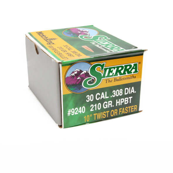 Box of Sierra Bullets, .30 caliber, 210 grain HPBT Match, product number 9240. The box is colored in green and yellow with Sierra's distinctive logo and an image of a ram and a bear. The label specifies '30 CAL .308 DIA. 210 GR. HPBT, 10” twist or faster'.