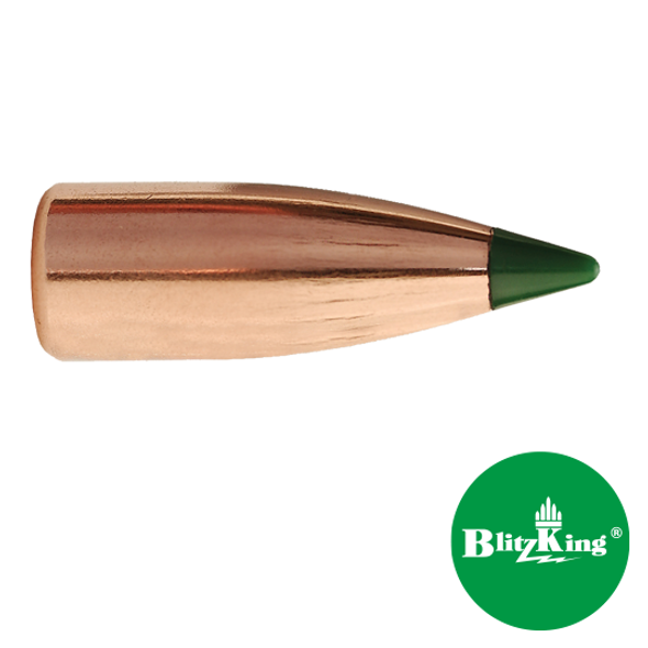 Close-up image of a Sierra 6mm 55 grain BlitzKing bullet, product number 1502. This bullet features a copper body with a distinctive green polymer tip, shown with the BlitzKing logo on a white background.