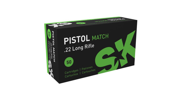 image features a box of SK Pistol Match .22 Long Rifle ammunition. This ammunition is specially designed for competitive pistol shooting, emphasizing precision and performance. The packaging is notably branded in green and black, distinguishing it from rifle ammunition and highlighting its specific use for pistols. The box states it includes 50 rounds, tailored for enhanced accuracy and consistency in pistol disciplines.