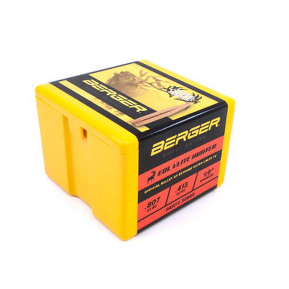 Box of Berger .30 Cal 245gr EOL Elite Hunter bullets, left-angled view