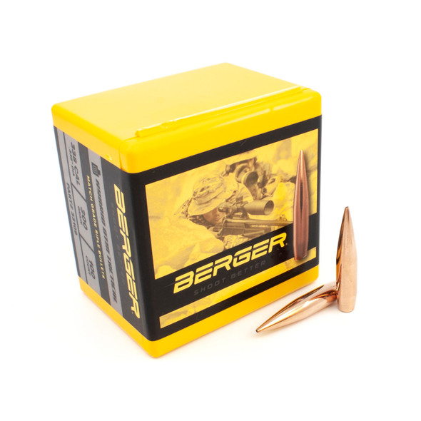 Box of Berger .338 Caliber, 300gr Hybrid OTM Tactical bullets, product number 33109, quantity 100, with two bullets beside it on a white background.