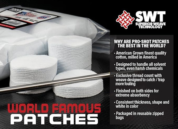 Promotional image featuring Pro-Shot 3/4 inch square gun cleaning patches, with multiple stacks of white cotton patches displayed against a sleek black background. Text highlights the product's features such as American-grown cotton, solvent resistance, and extreme absorbency. The phrase 'World Famous Patches' is prominently displayed, along with the Pro-Shot logo and a statement about the quality being 'Designed, milled in America.
