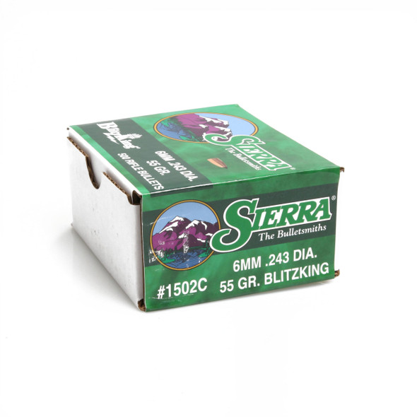 Box of Sierra Bullets, 6mm 55 grain BlitzKing, product number 1502C. The packaging is green with yellow accents, featuring Sierra's logo and depictions of a ram and a bear. Labeled for '6MM .243 DIA. 55 GR. BLITZKING,' highlighting specifications for precision shooting.