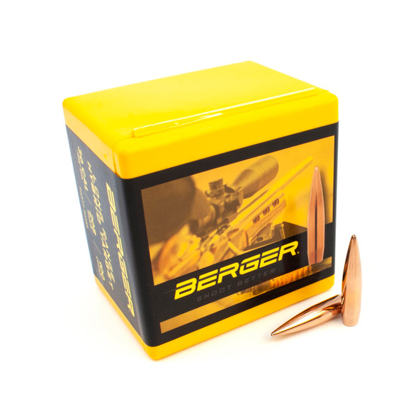 Box of Berger .30 Caliber, 208gr Long Range Hybrid Target bullets, product number 30485, quantity of 100, with two bullets placed in front, on a white background.