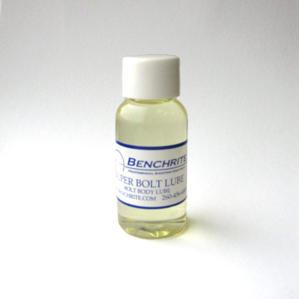 Image of a clear bottle containing Benchrite Super Bolt Lube, 1 ounce size, with a blue label that outlines its purpose for firearm bolt lubrication. This specialized lubricant is designed to ensure smooth bolt action and prevent wear and tear on firearm mechanisms.