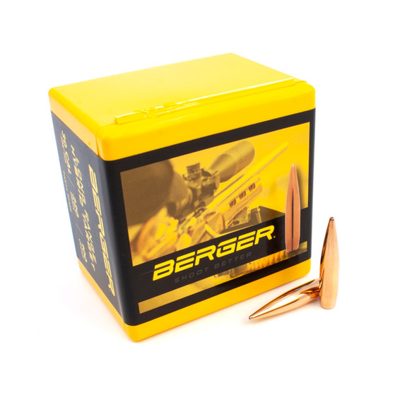 Box of Berger .30 Caliber, 220gr Long Range Hybrid Target bullets, product number 30486, quantity of 100, with two bullets beside on a white background.