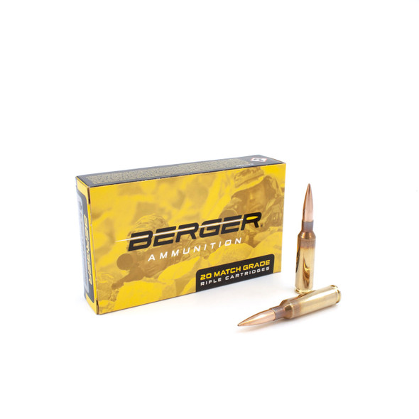 Box of Berger 6.5mm Creedmoor, 130gr Hybrid OTM Tactical ammunition, model 31021, with two cartridges displayed, on a white background.