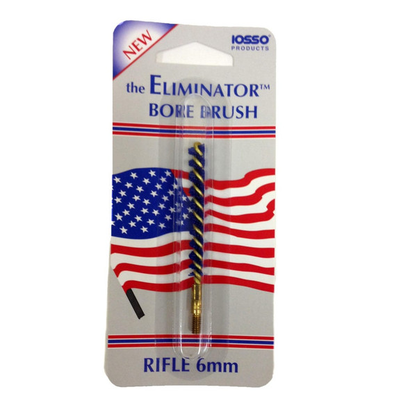 IOSSO Eliminator Bore Brush for 6mm rifles, showcased in packaging featuring the American flag design. The brush has a brass wire core with blue and yellow bristles, prominently displayed against a patriotic background.