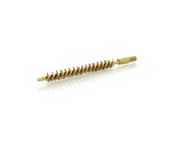Pro-Shot 6mm / .243 caliber bronze benchrest brush, featuring tightly packed bronze bristles on a spiraled metal core with a brass end for secure attachment. The dense bristle configuration is ideal for effectively cleaning rifle barrels. The image background is plain white, emphasizing the precision and durability of this cleaning tool.