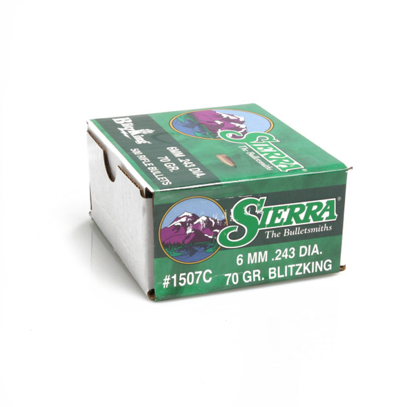 Box of Sierra Bullets, 6mm 70 grain BlitzKing, product number 1507C. The box is green with Sierra's distinctive logo and images of a ram and a bear, labeled '6 MM .243 DIA. 70 GR. BLITZKING'. The packaging highlights precision shooting specifications for hunters and shooters.