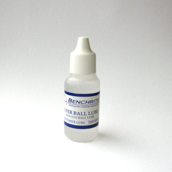Image of a small, white dropper bottle of Benchrite Super Ball Lube, half-ounce size, with a blue label clearly displaying the product name. This precision lubricant is formulated for the optimal performance of ball joints and small mechanical parts in various devices.