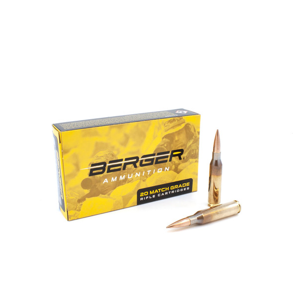 Box of Berger 260 Remington, 130gr Hybrid OTM Tactical ammunition, model 30020, with two cartridges displayed in front, on a white background.
