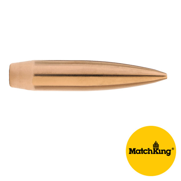 Close-up image of a Sierra 6mm 107 grain HPBT Match bullet, product number 1570. The bullet features a sleek copper design and is tailored for competitive shooting, shown with the MatchKing logo on a white background.