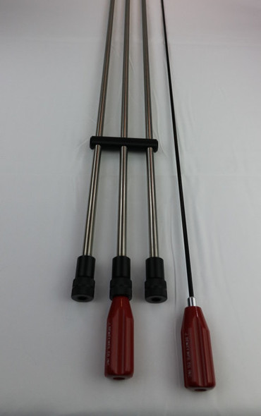 Vertical image of Benchrite Triple Cleaning Rod Case showing three cleaning rods with black and red grips, arrayed with a central black T-bar handle. Two rods feature robust black grips, while the other two have red ergonomic handles, all against a white backdrop, emphasizing their purpose for meticulous firearm maintenance.