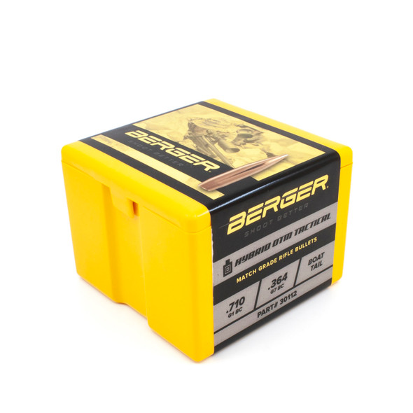 Yellow plastic box of Berger Bullets, specifically for .30 caliber rifles, featuring 230gr Hybrid OTM Tactical bullets, product number 30112, with a quantity of 100 rounds. The packaging has a black label with details and an image of a sniper in action. The design is bold and clear, aimed at emphasizing precision and quality for tactical shooting applications.