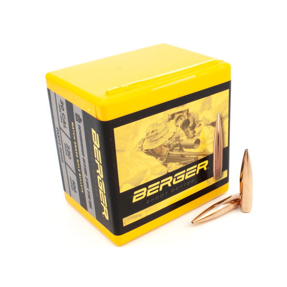 A vibrant yellow box of Berger .30 Caliber 230gr Hybrid OTM Tactical bullets, product number 30112, containing 100 units. Next to the box are two displayed bullets with pointed copper tips and brass casings, illustrating the product's quality and design. The box features a clear window showing an action image of a shooter, enhancing its tactical appeal.