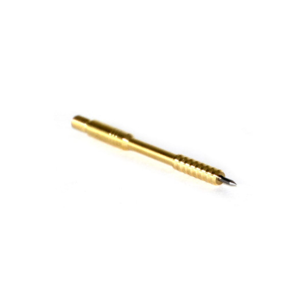 Close-up image of a Benchrite Custom Brass Jag, 6mm Male (20-005-023), isolated on a white background. This precision-crafted, golden brass cleaning tool features a threaded end and pointed tip, designed for thorough cleaning of firearm barrels.