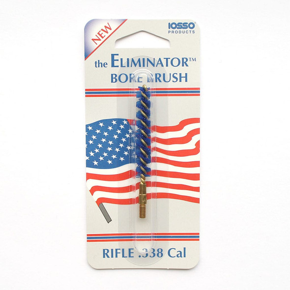 Packaging of IOSSO Eliminator Bore Brush for rifles in .338 Cal, displayed in front of an American flag. The packaging highlights the product as new with a 'NEW' label at the top and shows the cobalt blue fibers of the brush, with product details including the caliber clearly indicated.