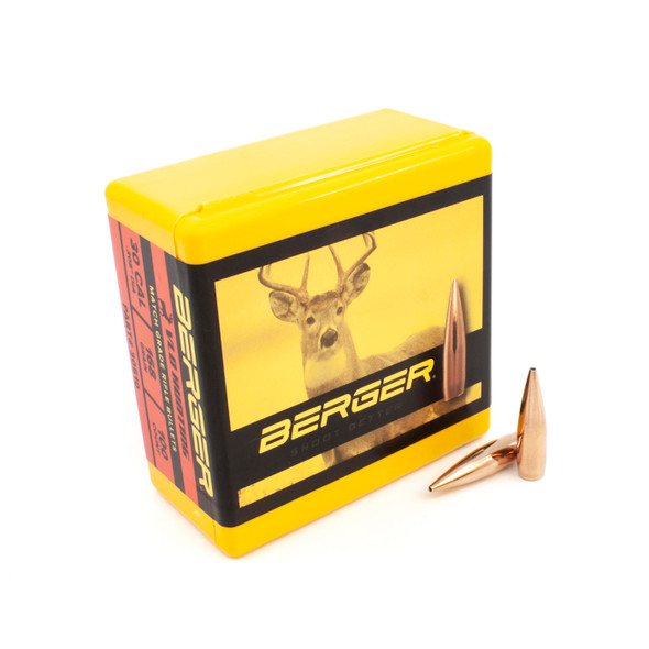 A box of Berger .30 Caliber, 168gr VLD Hunting bullets, product number 30510, containing 100 rounds, displayed next to two individual bullets. The box is yellow with a large image of a deer on the side, highlighting its suitability for hunting. The red and black details on the box list the bullet specifications clearly, emphasizing the bullet’s design for precise and effective hunting performance.