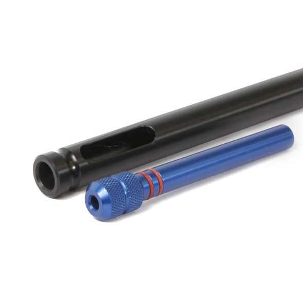 PMA Bore Guide designed for BAT 2 lug rifles chambered in 6mmPPC, featuring a sleek black guide with a bright blue adjustment tool marked with red bands. This guide is essential for aligning cleaning tools precisely within the rifle's barrel to avoid damaging the bore, enhancing the rifle's maintenance process. The black and blue color scheme emphasizes the guide’s professional quality and specialized function, ensuring accurate and safe cleaning for high-performance rifles.