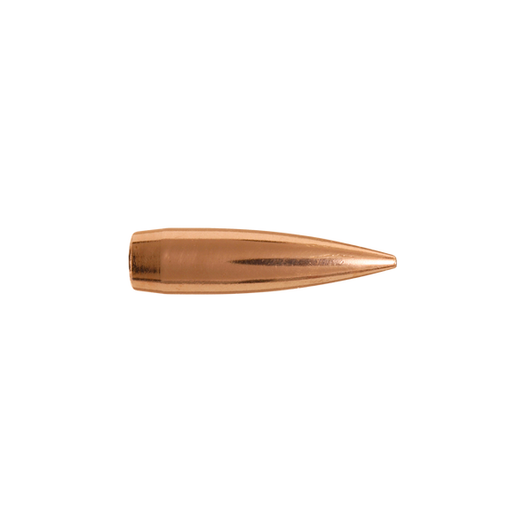 Close-up image of a Berger .30 Caliber, 155.5gr Fullbore Target bullet from product number 30716. This bullet features a sleek copper jacket and a streamlined design optimized for target shooting at full bore competitions. The image highlights the bullet's aerodynamic profile and pointed tip, designed for high precision and stability, shown against a transparent background to emphasize its performance characteristics.