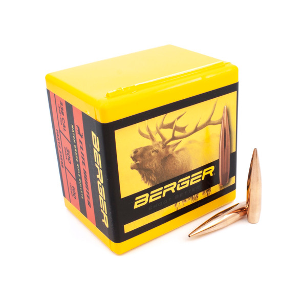 Yellow box of Berger .338 Caliber, 300gr Elite Hunter bullets, product number 33556, containing 100 rounds, displayed next to two individual bullets. The box features a large image of a deer on the side, symbolizing its use for elite hunting. The side panels are red and detailed with black text specifying the bullet’s weight and purpose, emphasizing the bullet’s design for precision and effectiveness in hunting large game.